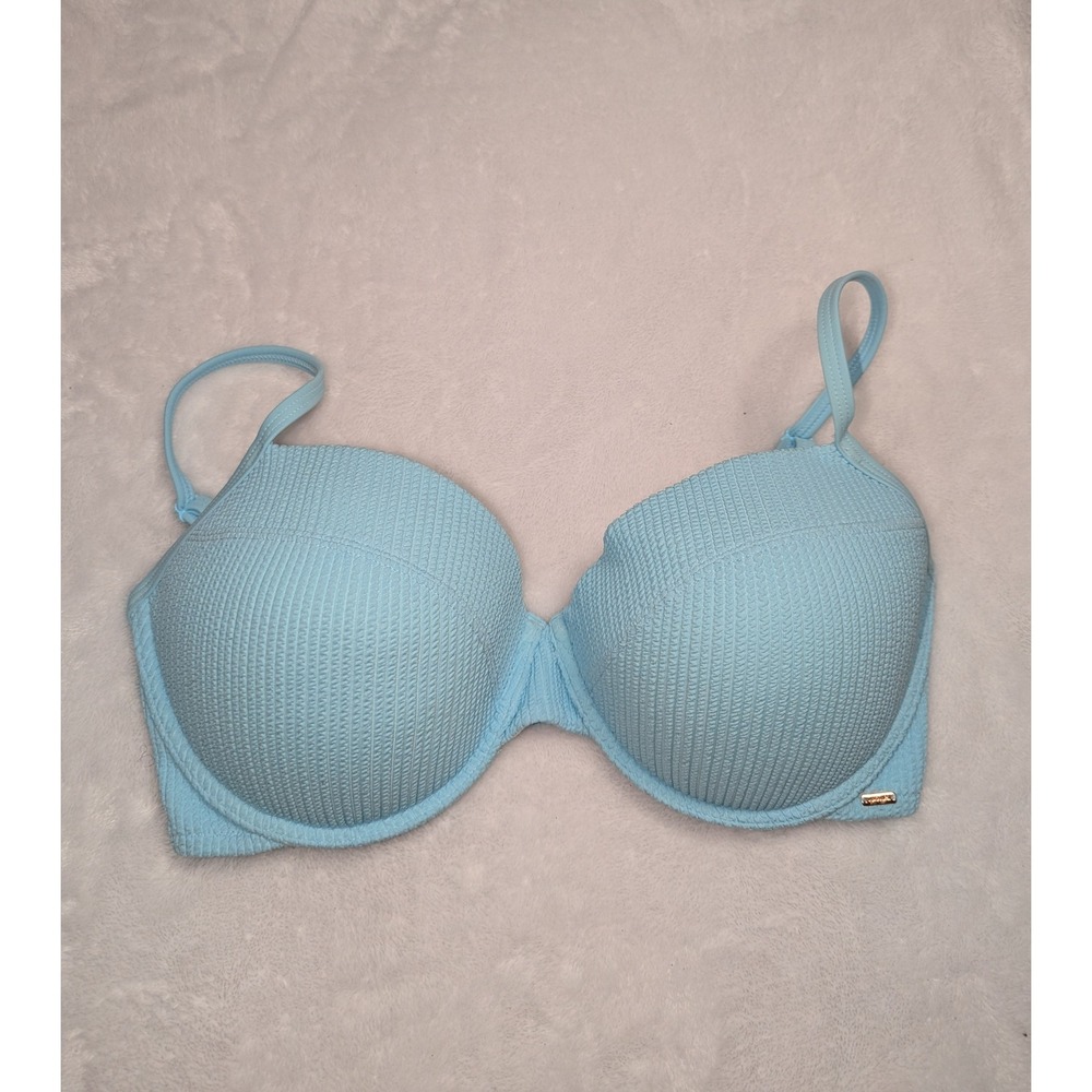 Victorias Secret PINK Light Blue Smocked Underwire Bikini Top Large DD L-DD